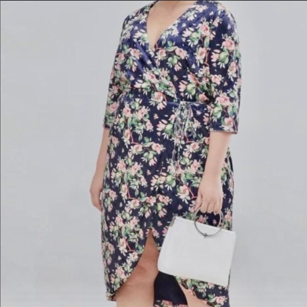 Blue floral velvet wrap dress
